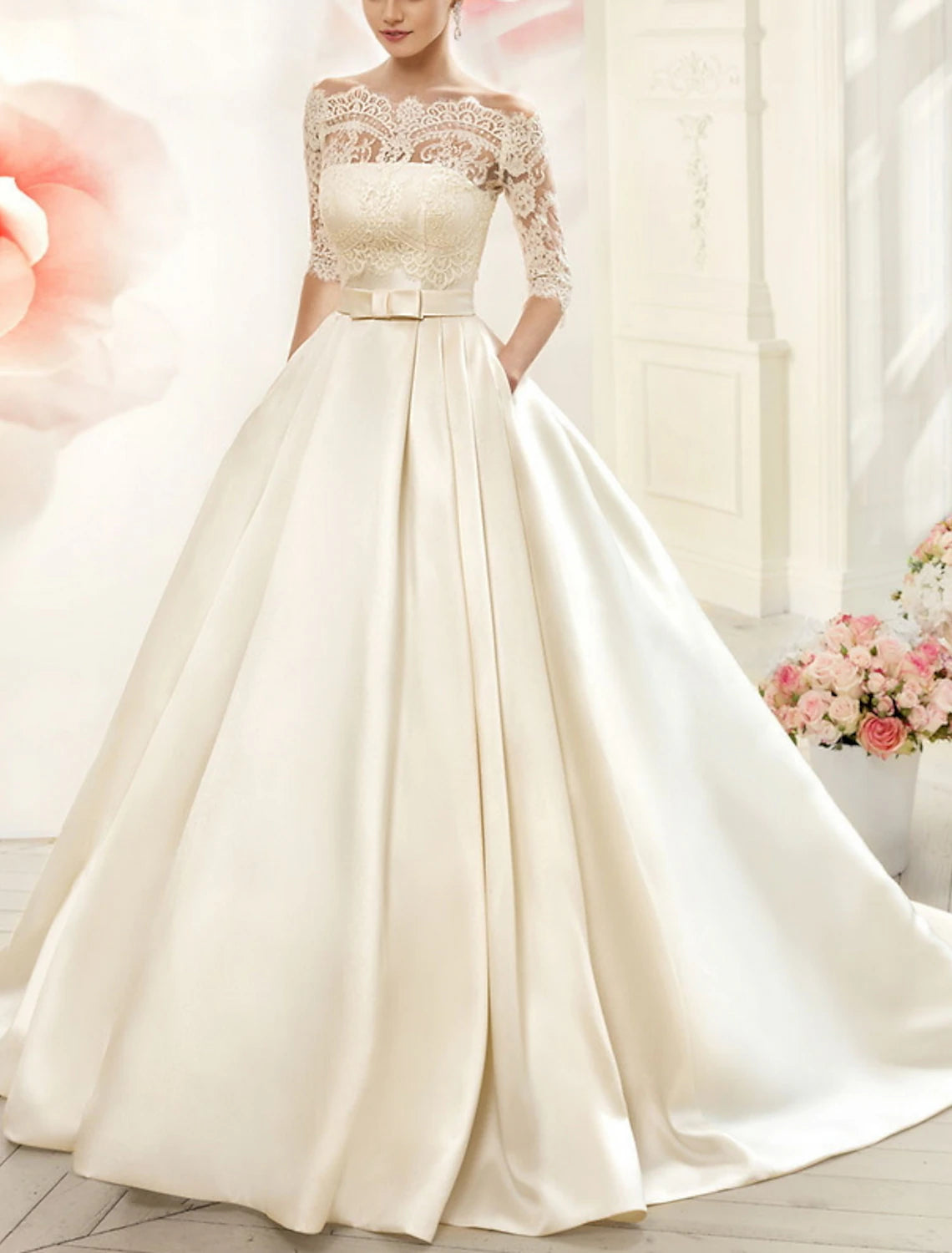 Wholesa Engagement Formal Wedding Dresses Ball Gown Off Shoulder Half Sleeve Court Train Satin Bridal Gowns With Bow(s) Pleats